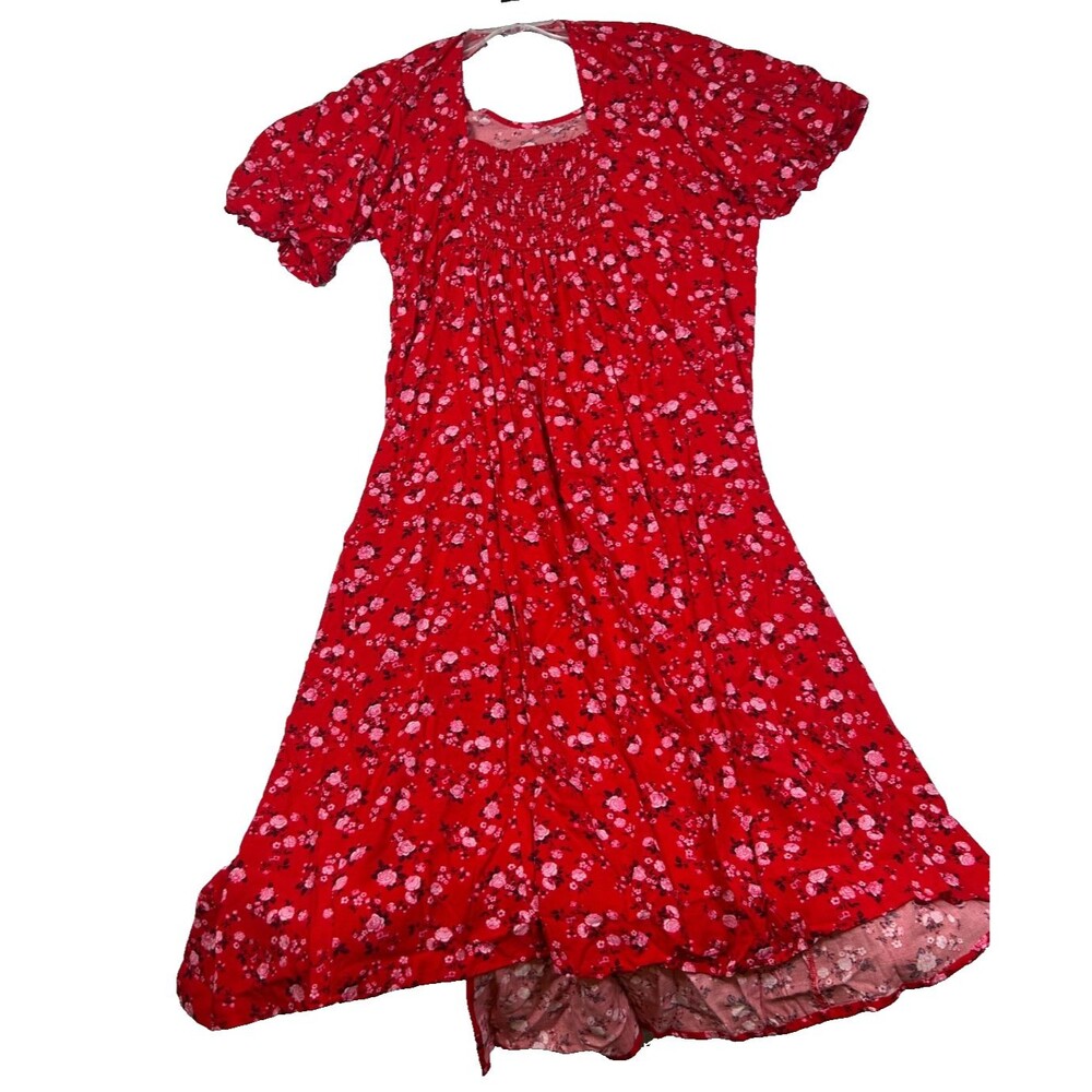 Old Navy Red Floral Midi Dress Womens 2X Puff Sleeve Smocked Cottagecore
